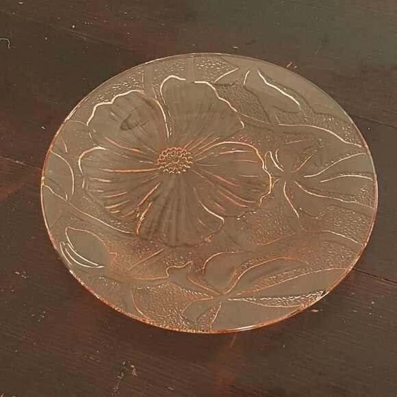 4pc Pink Glass Plates Floral Hibiscus Dessert Plates - Picture 2 of 9